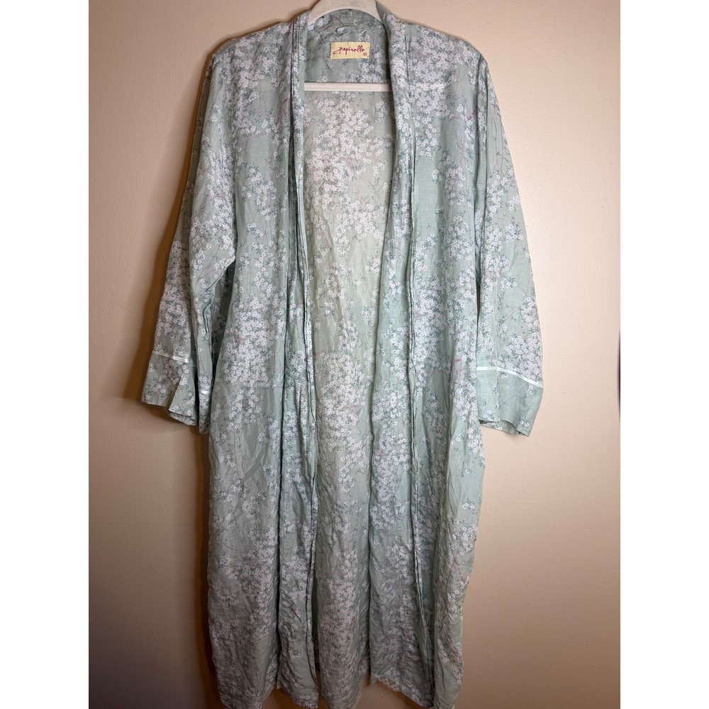 Papinelle Sage Green Floral Cotton Silk Blend Long Robe Lace Trim XL